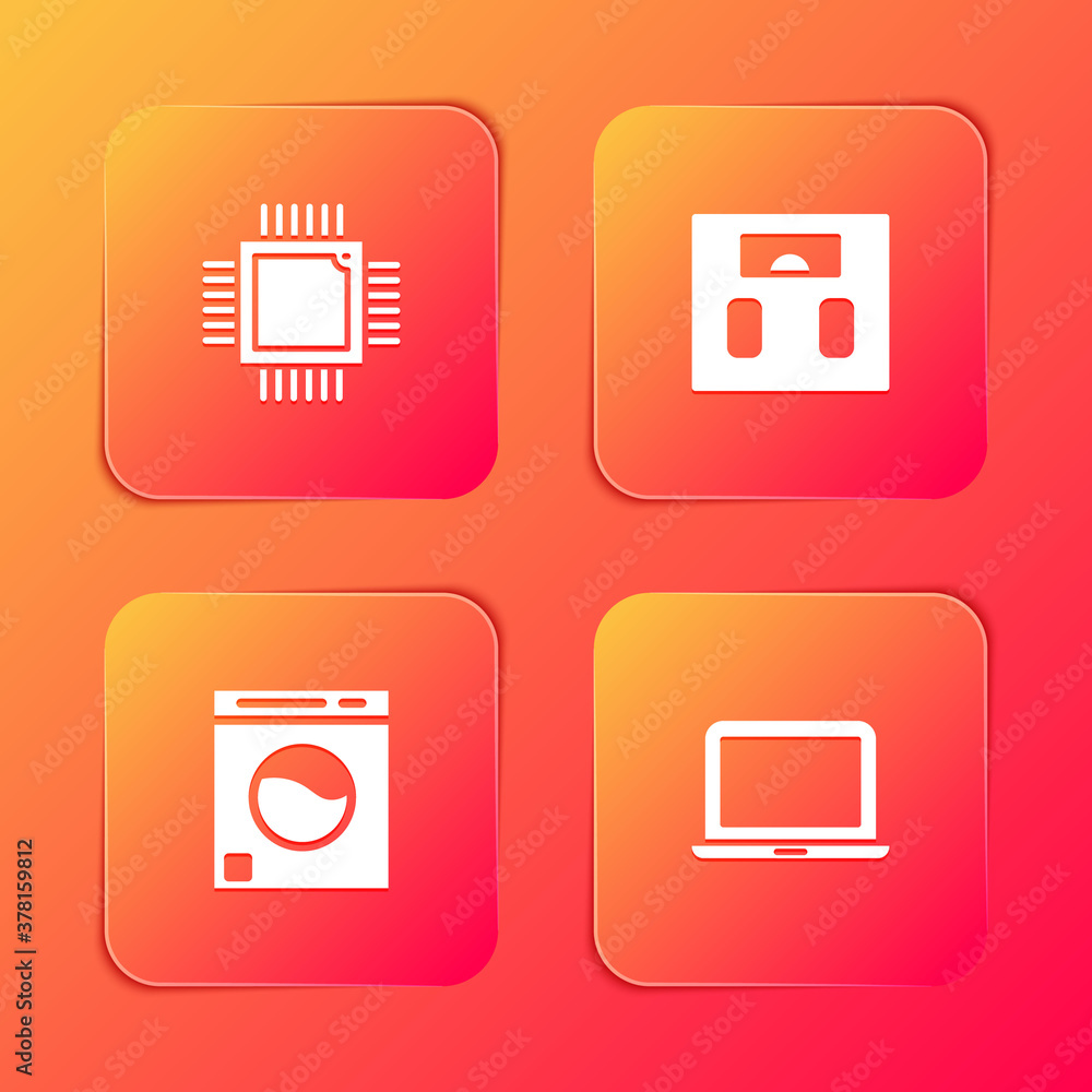 Poster set processor with microcircuits cpu, bathroom scales, washer and laptop icon. vector.
