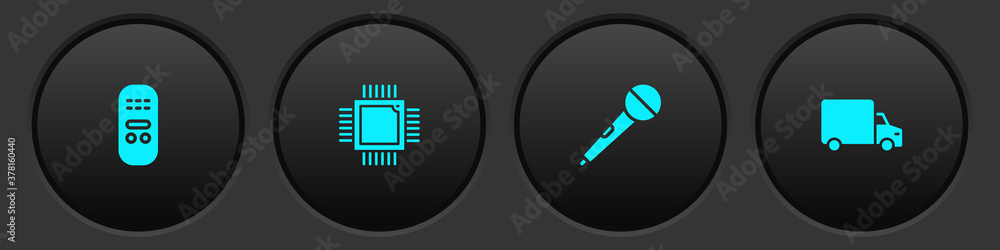 Poster set remote control, processor with microcircuits cpu, microphone and delivery cargo truck icon. vect