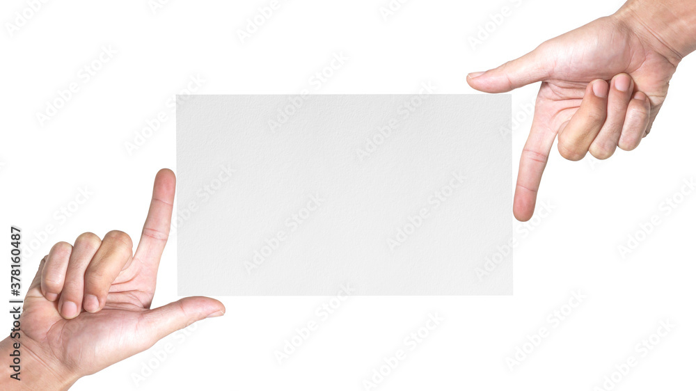 Poster hands gestures the frame with white empty paper blank for your copy or design, isolated on white bac