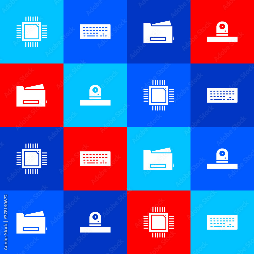 Poster set processor with microcircuits cpu, keyboard, printer and security camera icon. vector.