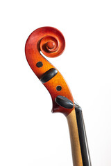 Wooden violin close up detail shot of finger board up to the scroll