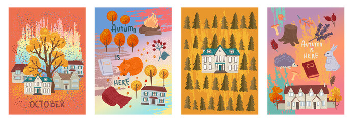 Obraz na płótnie Canvas Set of square cards with houses and yellow trees. Autumn weather, seasonal design. Vector design, flat illustration