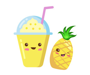 Cute Iced Fruit Smoothie in a plastic cup with rich foam. Vector kawaii drink illustration in cute cartoon style isolated on white background. Happy, funny smiling Pineapple smoothie. Kids menu design