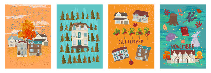 Set of vertical postcards, bright autumn landscape, invitation to the autumn holiday, harvest, yellow trees, houses and forest animals