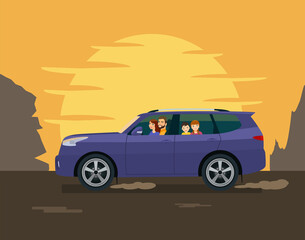 Fototapeta na wymiar The family drives an SUV against the backdrop of the setting sun and mountains. Vector illustration in a flat style.