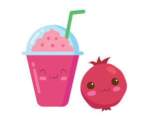 Iced Fruits Smoothie in a plastic cup with rich foam. Vector kawaii drink illustration in cute cartoon style isolated on white background. Happy, funny & smiling pomegranate fruit smoothie.