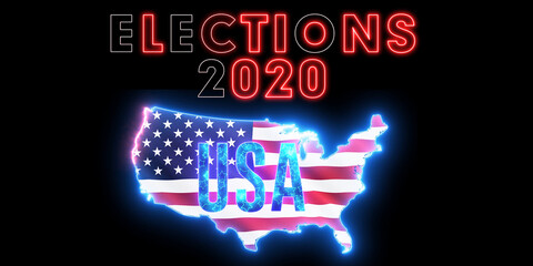 Neon text of "ELECTIONS 2020" with American Flag and Usa Map. USA Elections 2020 concept.