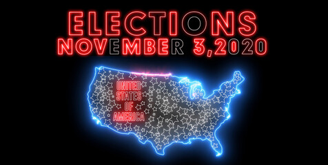 Neon text of "ELECTIONS 2020" with American Flag and Usa Map. USA Elections 2020 concept.
