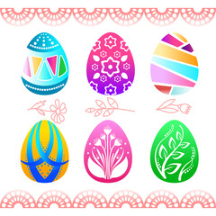 Easter eggs painted with patterns, set of 6 pieces. Vector image on a white background. For making postcards, stickers and prints for the Easter holiday.
