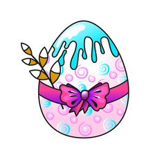 Easter cake-an egg painted with swirls, decorated with a bow and a willow branch. Bright, festive picture. Vector image on a white background. For making postcards and stickers for the Easter holiday.