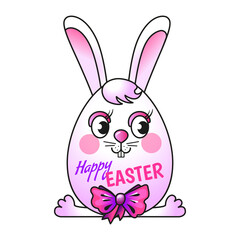 Easter hare, shaped like an egg on a white background. Cute, pink and long-eared. Cartoon style. Vector isolated. For the design of postcards, stickers and prints for the Easter holiday.