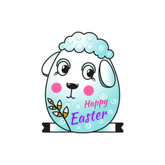 Easter lamb in the shape of an egg on a white background. Shy  with a willow twig. Cartoon style Vector isolated. For the design of cards, stickers and prints for the holiday of Easter.