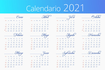 Calendar 2021 template in Spanish. 12 months. Sunday is highlighted in red. Vector editable template 10 EPS. Horizontal poster, banner, web