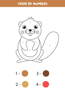 Coloring page with cute cartoon beaver. Educational game.