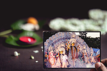 Durga Puja Memory. Indian Hindu religious festival celebration. Bengali traditional, cultural rituals background.
