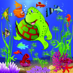 Illustration of a children's underwater landscape with various aquatic plants and floating tropical fish and a turtle. Cartoon style