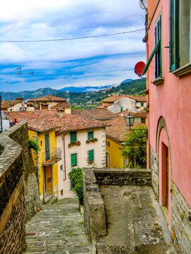 Fototapeta View of narrow street in old town of Barga a medieval hilltop town in Tuscany, Garfagnana, Italy, Europe