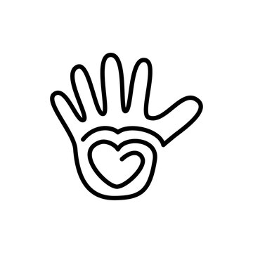 Right hand palm and heart, outline. Logo template. Vector image isolated on a white background.