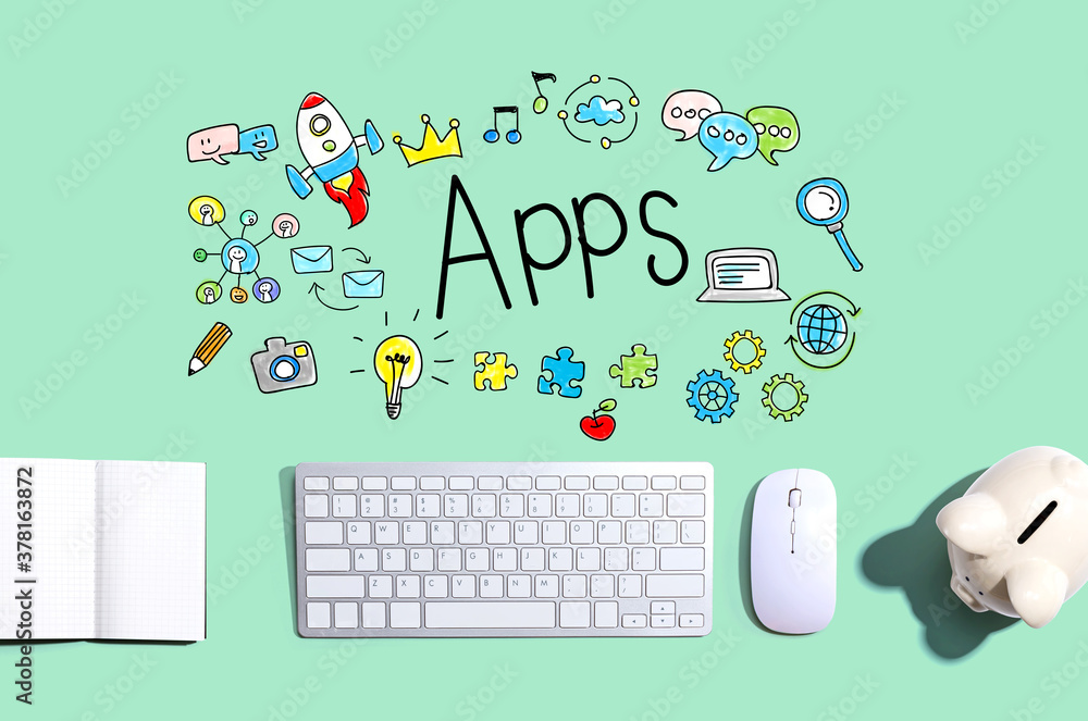 Poster apps with a computer keyboard and a piggy bank