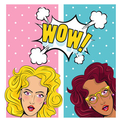 beautiful brunette and blond girls characters pop art style poster