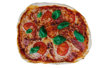 directly above view of fresh rustic homemade italian pizza isolated on white background