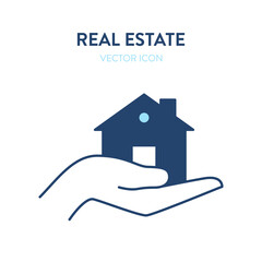 Fototapeta na wymiar Hand holding house icon. Vector illustration of a human hand carefully holding a house. Represents concept of real estate, home purchase, household. Can be used as a real estate logo, icon, sign