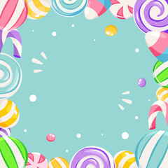 Sweet, candy frame, background. Candy shop concept. Vector illustration in flat style.