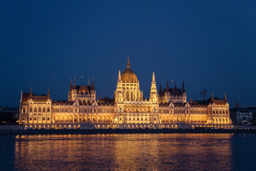 Fototapeta na wymiar Hungarian Parliament in Budapest. Night view with lights. Europe, Hungary. Amazing landmark with historical building.
