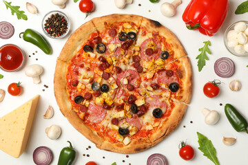 Pizza with meat and ingredients on white background