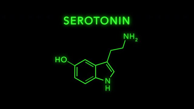 Serotonin or Hydroxytryptamine Molecule Structure Symbol Neon Animation on Black Background