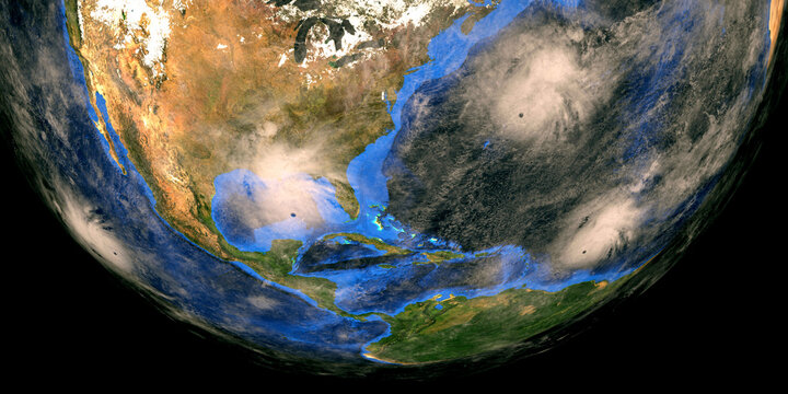 Hurricane Sally Paulette Teddy and Karina approaching the USA. Shot from Space. Elements of this 3D rendering are furnished by NASA.