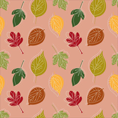 Seamless retro autumn leaf background pattern in vector. with line style Vector illustration background