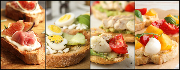 Collage of different tasty bruschettas. Banner design