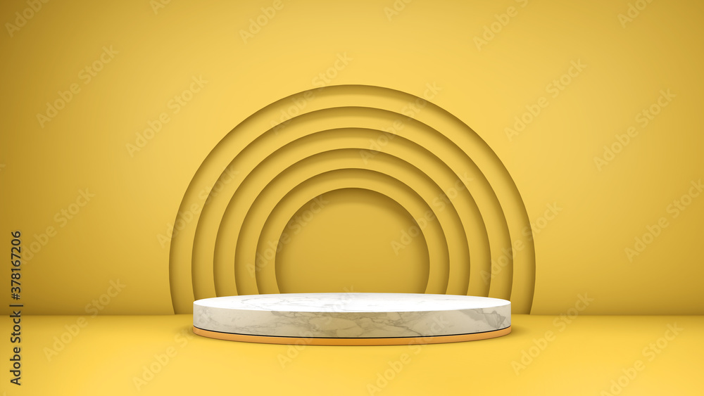 Poster 3d rendering of a marble textured podium on a yellow background for product presentation