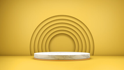 3D rendering of a marble textured podium on a yellow background for product presentation