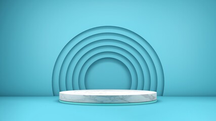 3D rendering of a marble textured podium on a blue background for product display