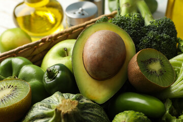 Vegetables and fruits in basket, close up