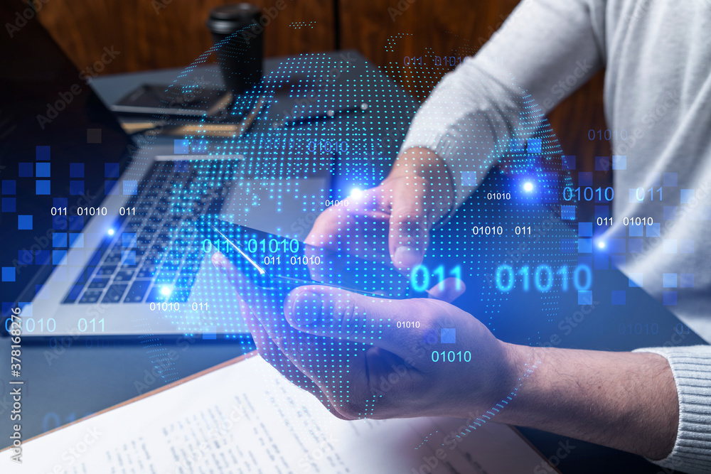 Poster man using phone. hands typing smartphone. double exposure with world map planet earth hologram. clos