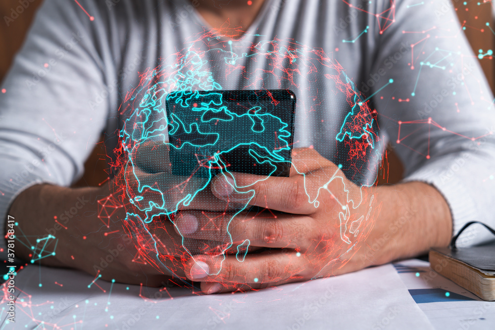Poster man using phone. hands typing smartphone. double exposure with world map planet earth hologram. clos