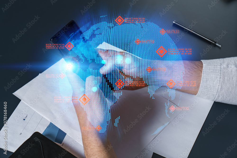 Poster man using phone. hands typing smartphone. double exposure with world map planet earth hologram. clos