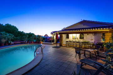 Dream House in the evening. quiet sunset and calling pool.