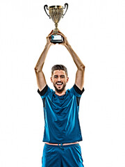 one caucasian youg soccer player man standing in studio isolated on white background