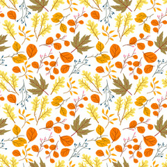 Seamless pattern with oak autumn leaves and acorns. Perfect for wallpapers, wrapping papers, pattern fills, textile, autumn greeting cards, Thanksgiving Day cards
