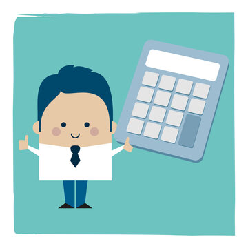 Accounting Budget Businessman With Calculator - Kawaii Cartoon Character Business Illustration