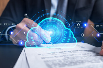 Businessman in suit signs contract. Double exposure with cloud icon hologram. Partnership in it...