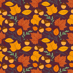 Fototapeta na wymiar Seamless repeating pattern with leaves, acorns and branches on cream background. Autumn tiling background, poster, textile, greeting card design.