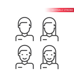 Fototapeta premium Employee or avatar thin line vector icon. Male and female torso, man and woman profile outline symbols, editable stroke.