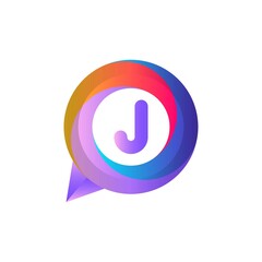 j letter colorful on circle chat icon logo.chat logo minimalist template using modern and gradient style. ellipse chat logo.chat logo