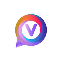 v letter colorful on circle chat icon logo.chat logo minimalist template using modern and gradient style. ellipse chat logo.chat logo