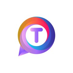 t letter colorful on circle chat icon logo.chat logo minimalist template using modern and gradient style. ellipse chat logo.chat logo
